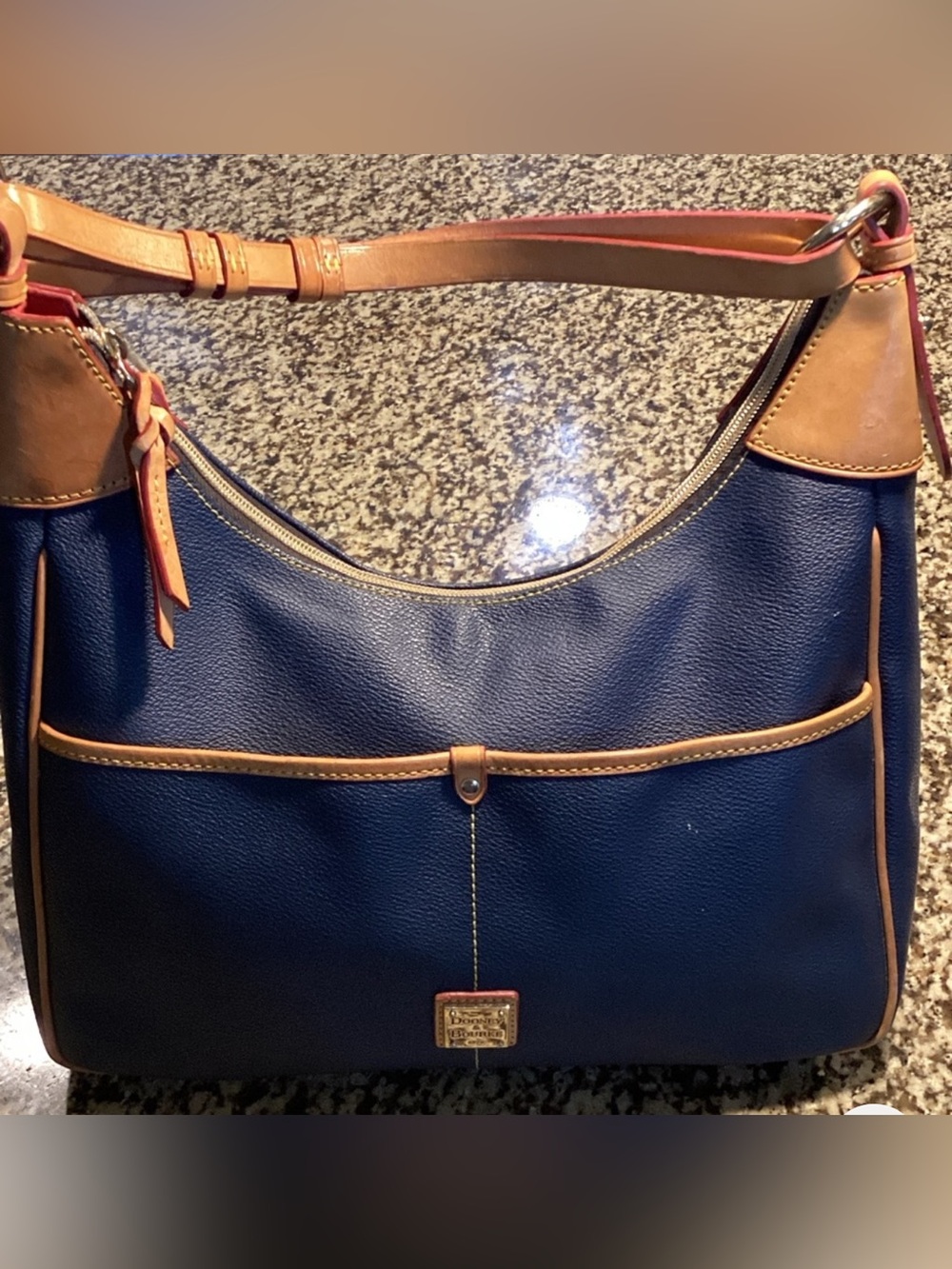 Dooney & Bourke Navy Leather Shoulder Bag with Tan Trim and Pink Accent